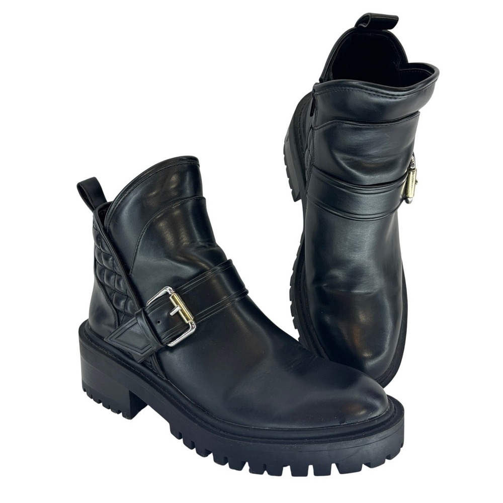 Zara Black Combat Boots Buckle Quilted Moto Biker Grunge Punk size 39 / 8.5